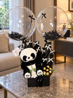 Load image into Gallery viewer, Midnight Panda Charm gift arrangement with panda plush, balloons, chocolates and black white decoration