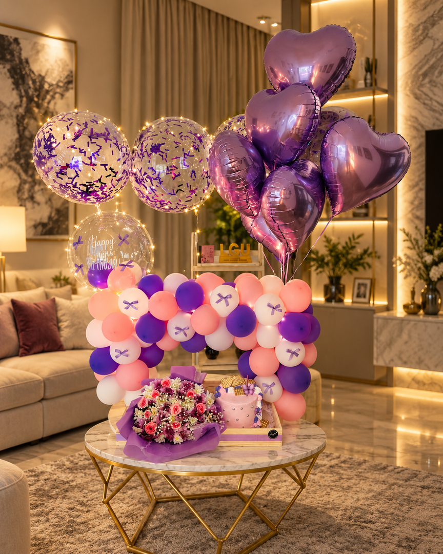 Lavender Delight Gift Set with purple balloons, flower bouquet and birthday cake