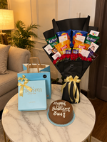 Load image into Gallery viewer, Royal Indulgence Pack with snack bouquet, red roses, birthday cake and black gold luxury gift packaging
