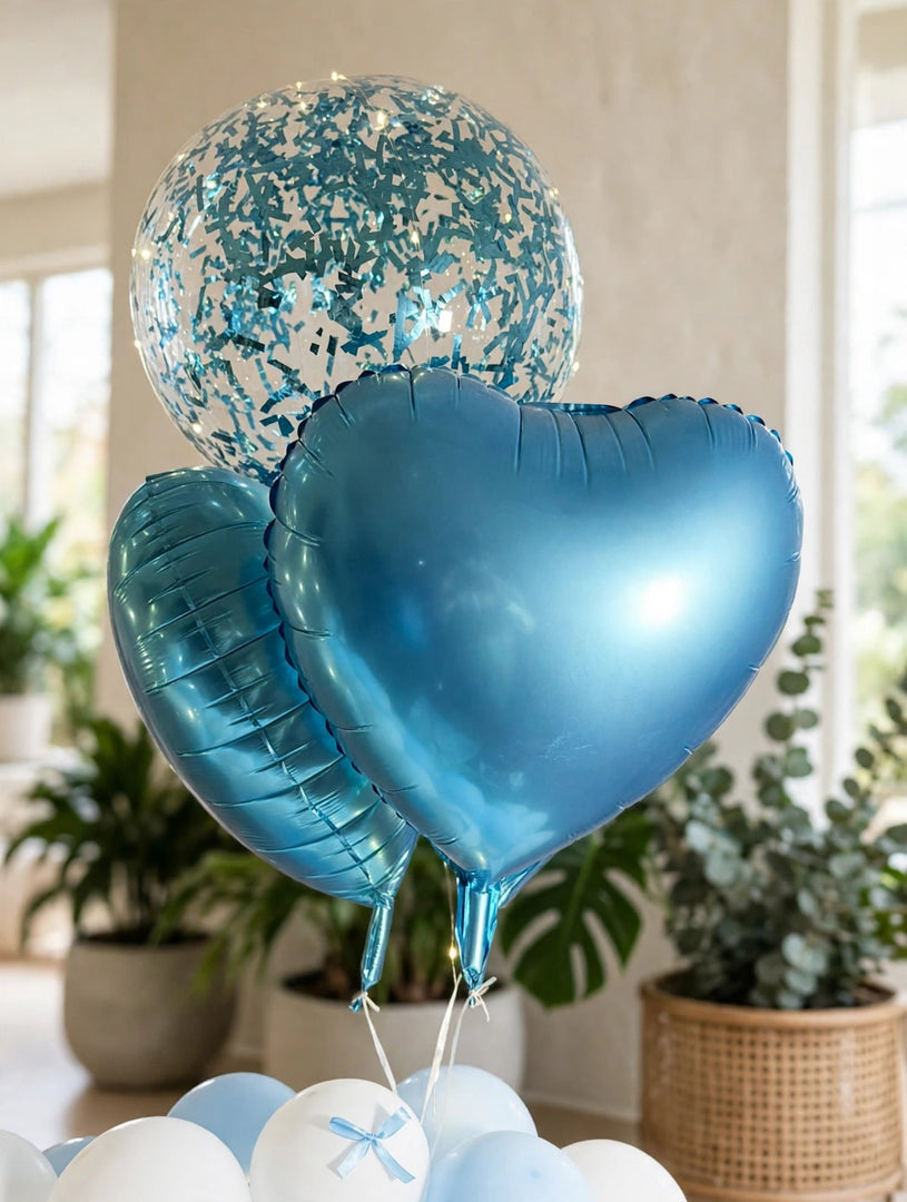 Clear balloons filled with blue confetti beside metallic teal heart-shaped balloons with warm fairy lights.