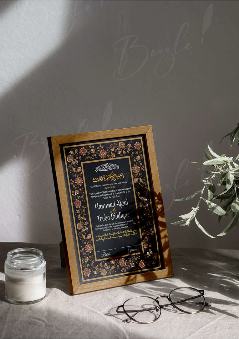 Floral Nikah Certificate With Black Attractive Print | NC-046