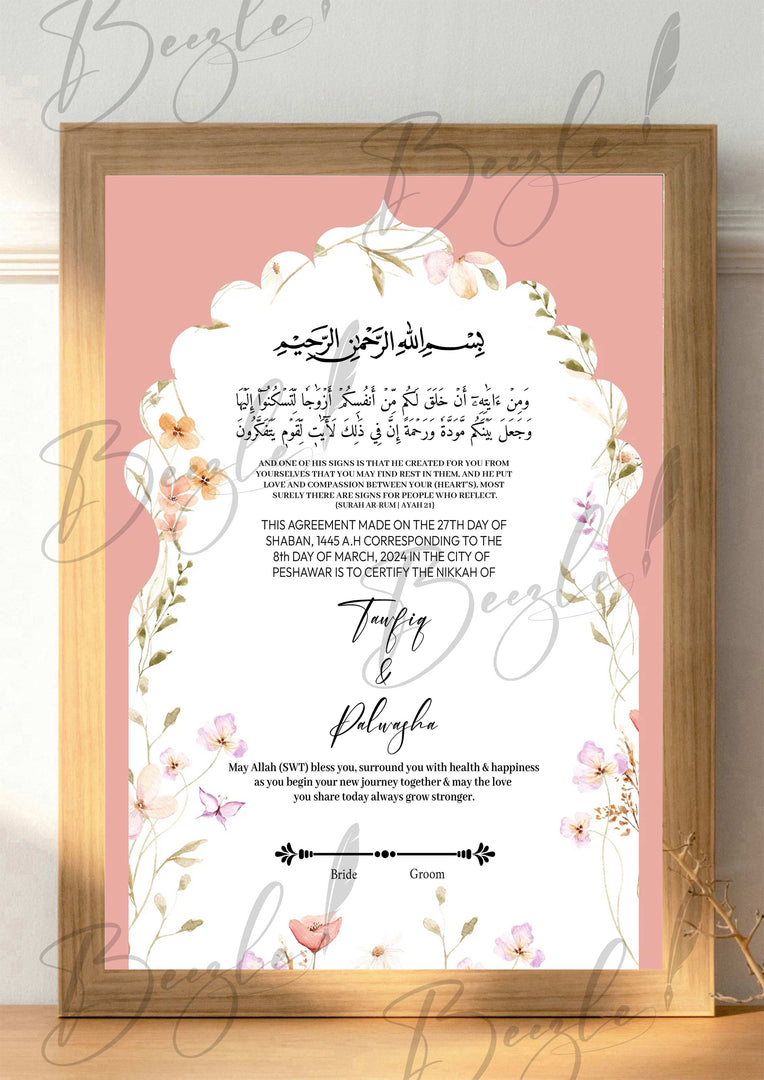 Customized Nikah Certificate With Customized Name & Pink Design | NC-123