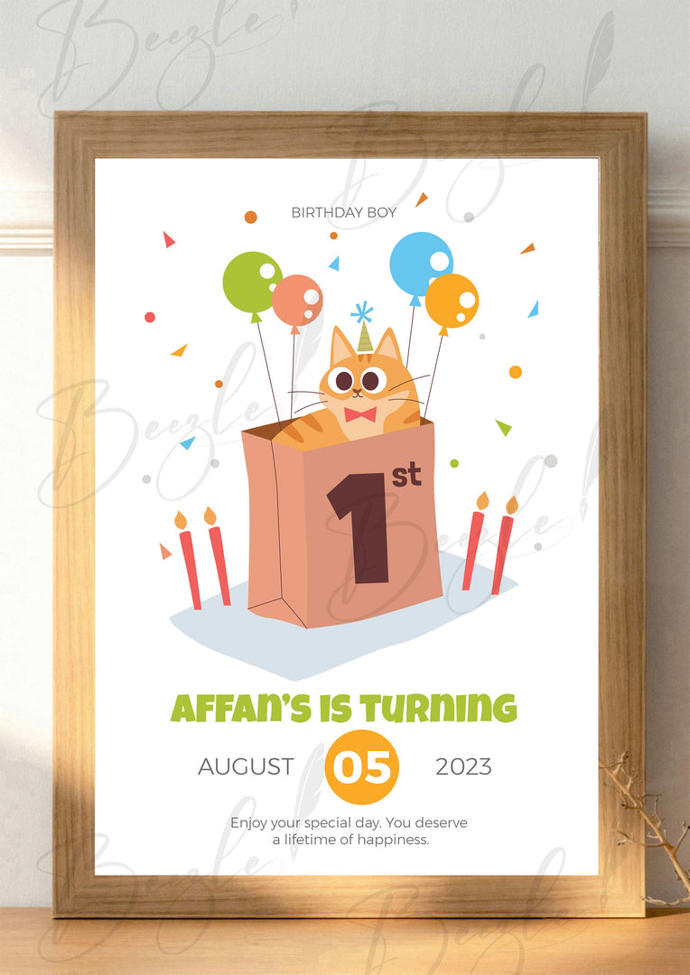 1st Birthday Frame With Beautiful Cat Print | BFB-002