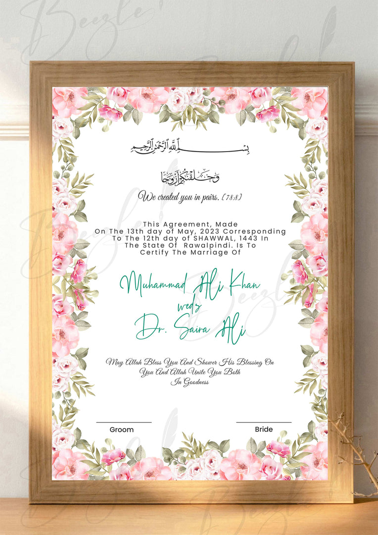 Nikah Certificate With Classic Pink Blossom Frame | NC-043