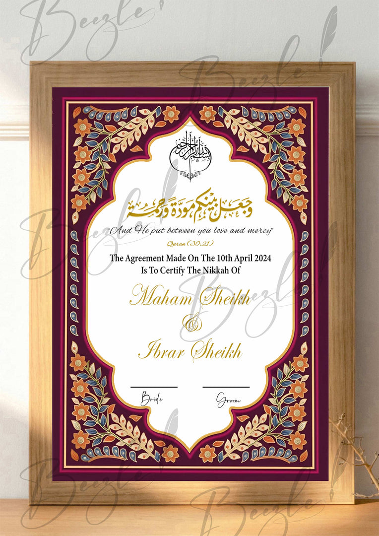 Nikah Certificate With Classic Purple Design | NC-099