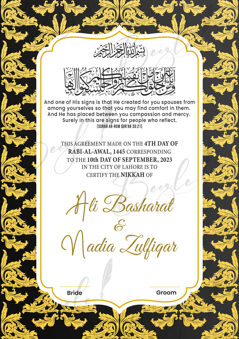 Nikah Certificate With Golden & Black Design | NC-078