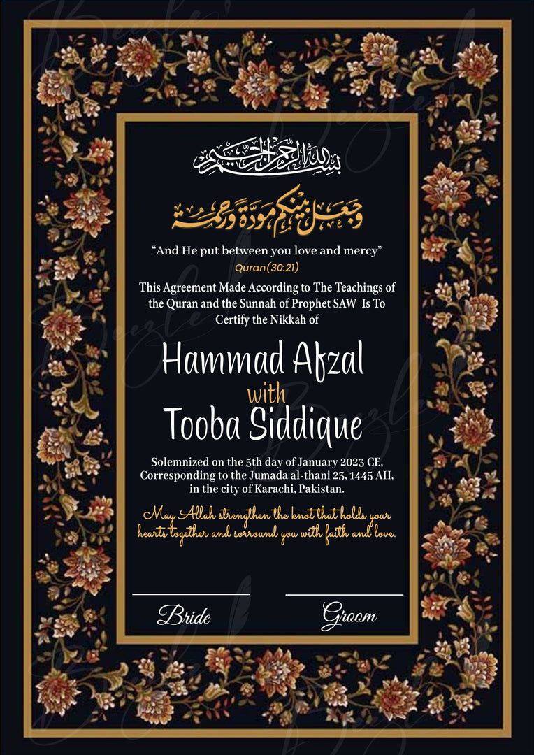 Floral Nikah Certificate With Black Attractive Print | NC-046