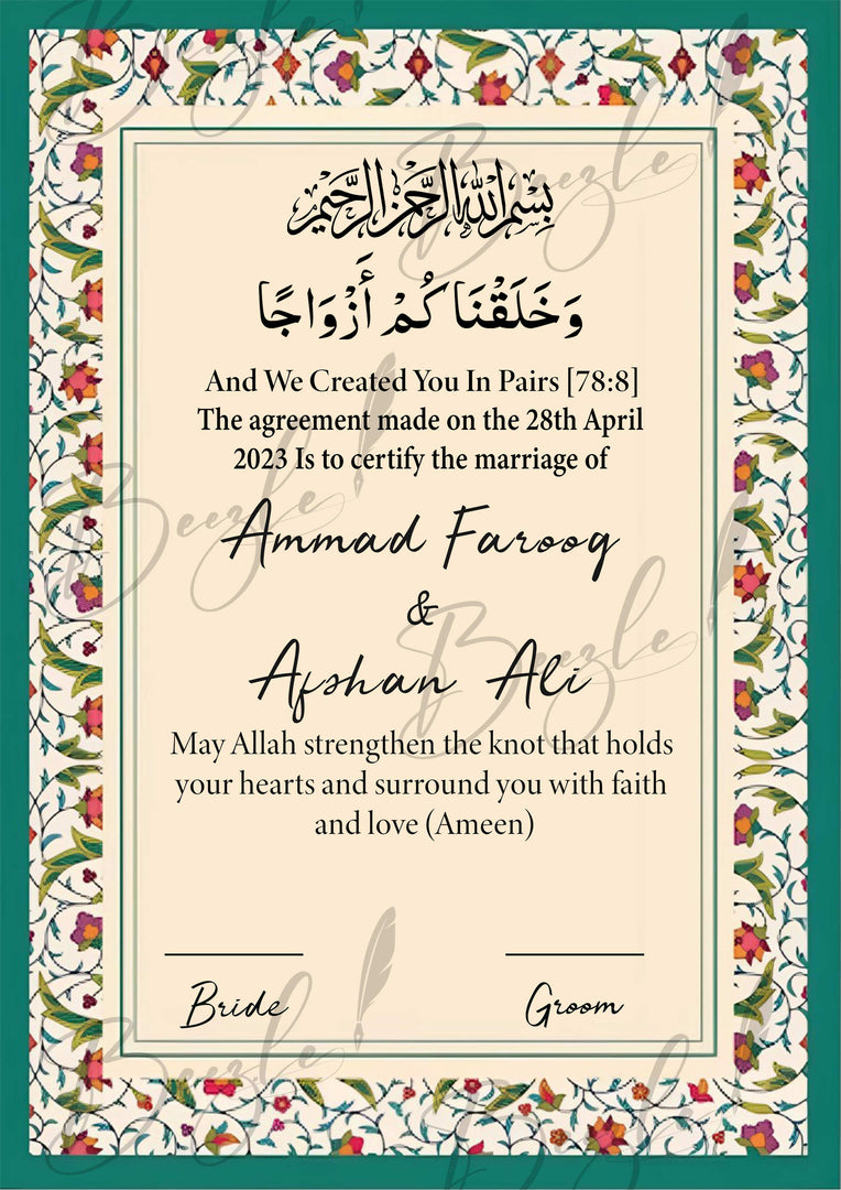 Nikah Certificate With Classic Flower Border Design & Customized Name | NC-057