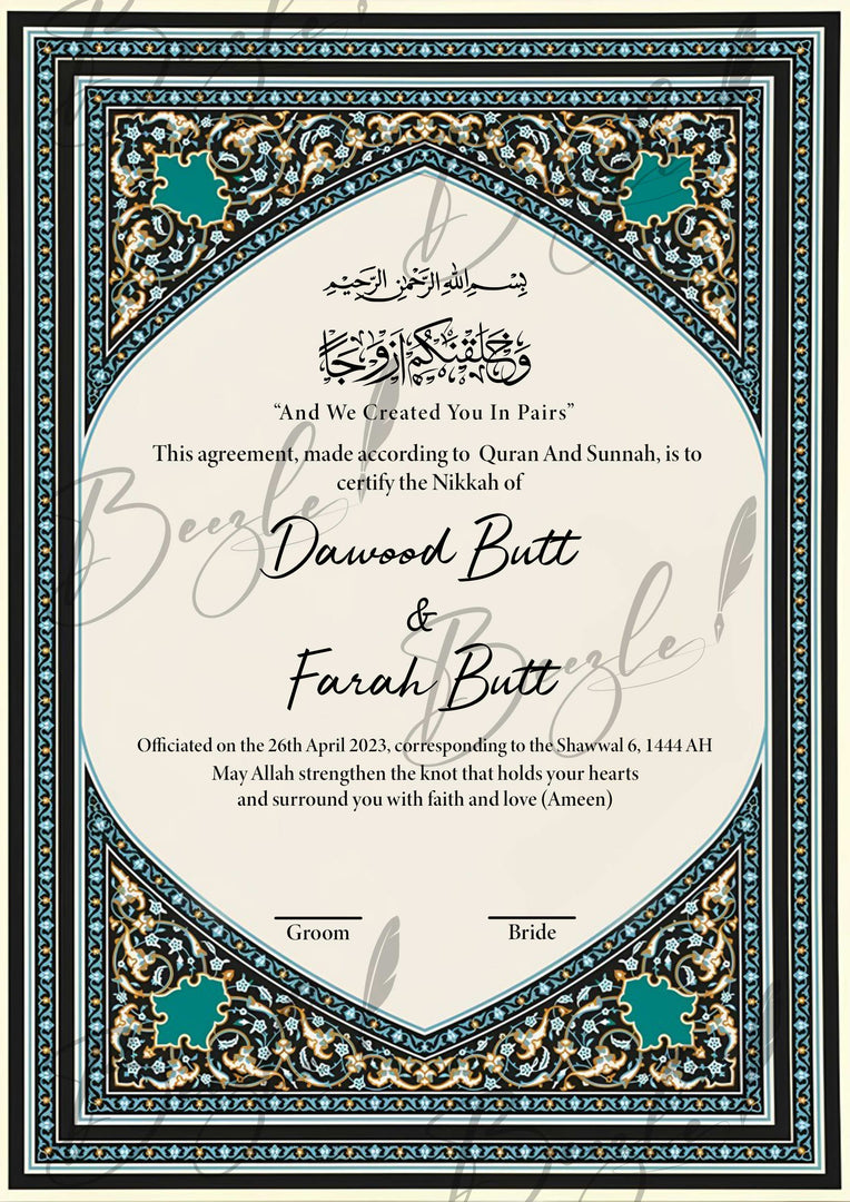 Nikkah Certificate With Classic Black and Sky Blue Design | NC-089