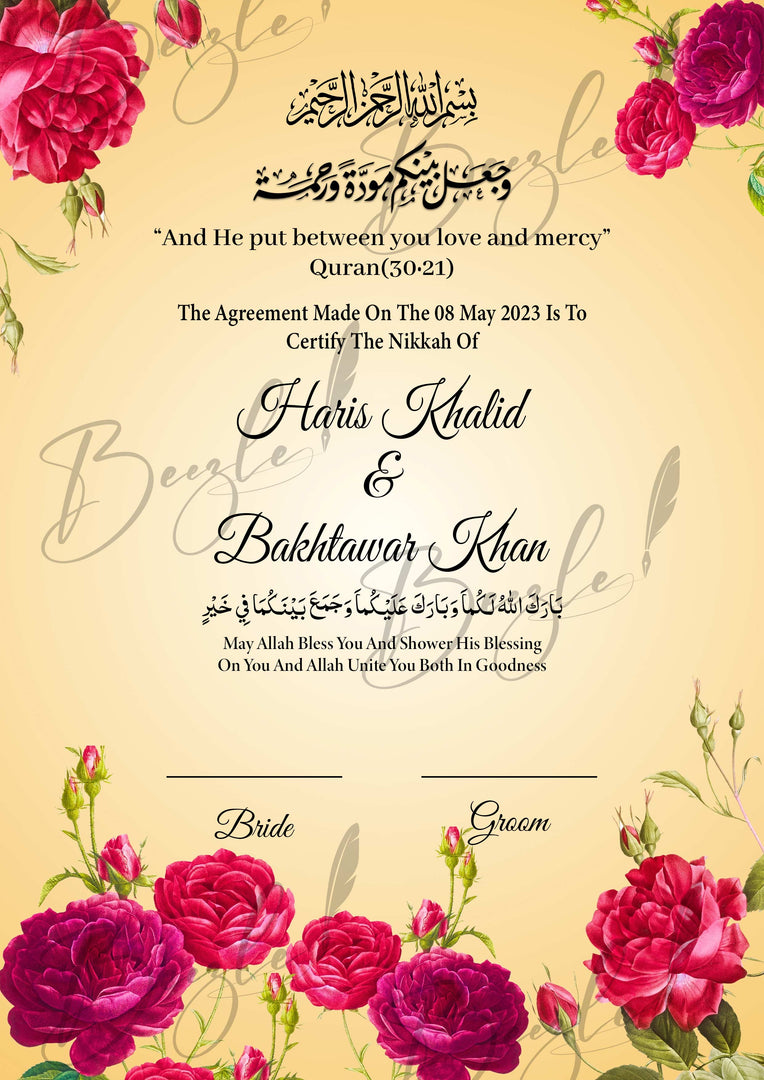 Nikah Certificate With Pink Attractive Flowers Design | NC-130