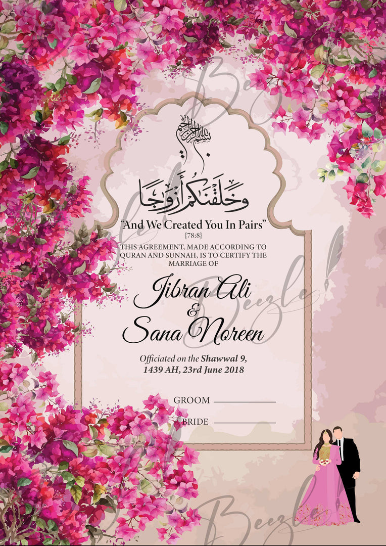 Nikah Certificate With Classic Pink Flower Design | NC-107