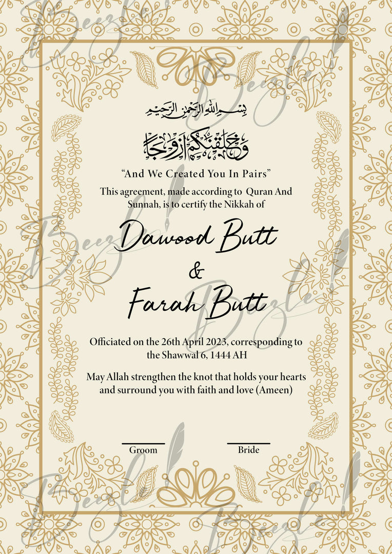 Customized Nikah Certificate With Classic Print | NC-133