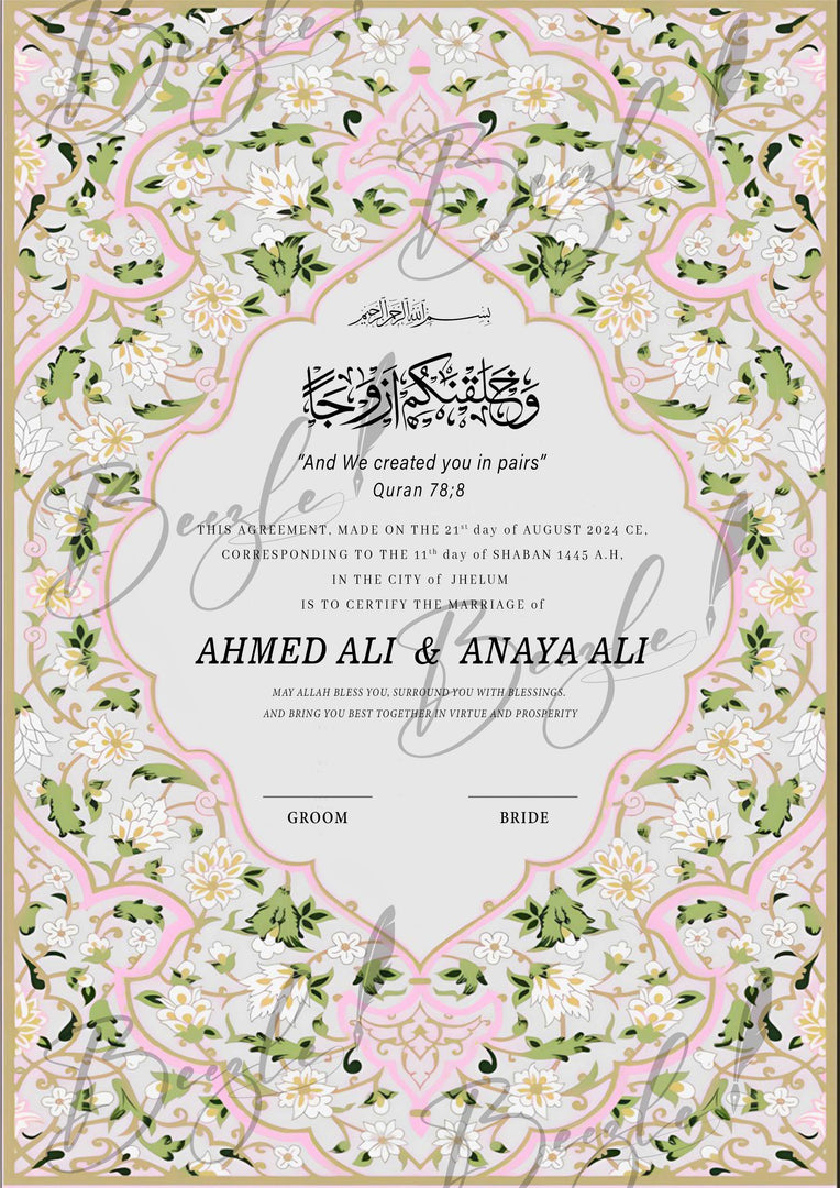 The Premium Nikah Certificate With Green & Pink Design | NC-063