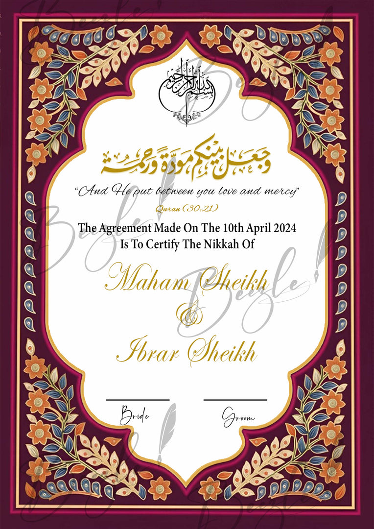 Nikah Certificate With Classic Purple Design | NC-099