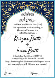 Customized Nikah Certificate With Classic Name & Blue Design | NC-017