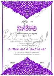 Nikah Certificate With Purple Color Print & Name | NC-138