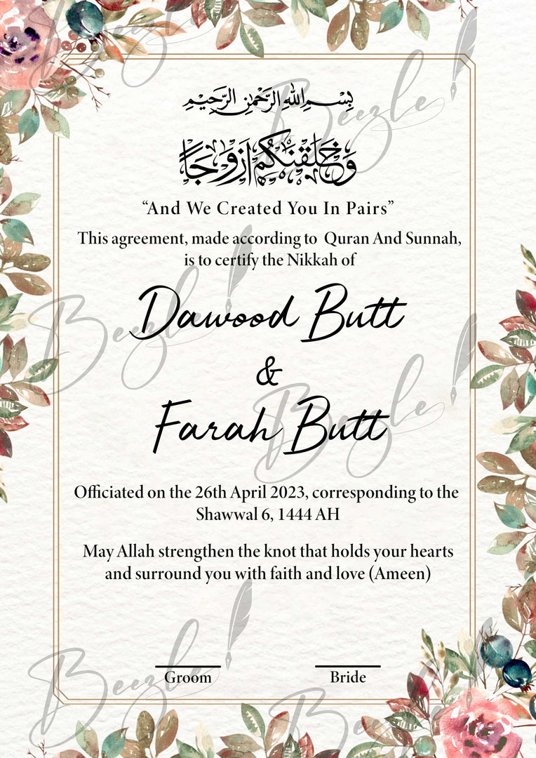 Customized Nikah Certificate With Printed Name | NC-124