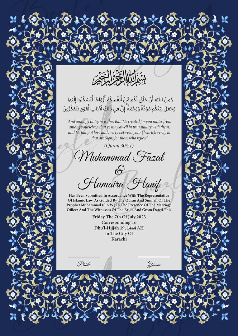 Premium Nikah Certificate With Blue Classic Design | NC-018