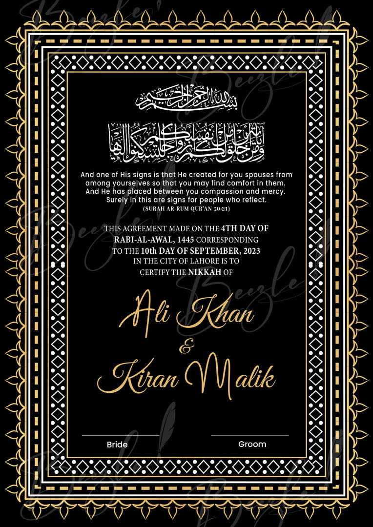 Premium Customized Nikah Certificate With Black & Golden Design | NC-048