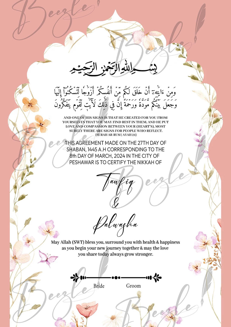 Customized Nikah Certificate With Customized Name & Pink Design | NC-123