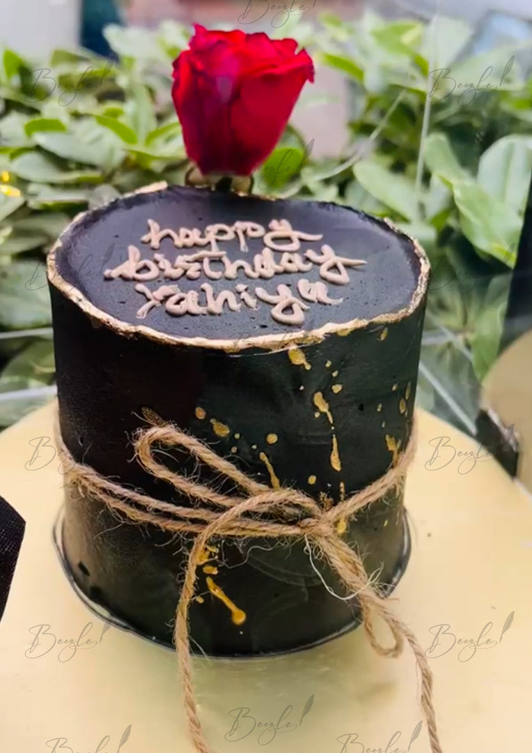Midnight Gold Birthday Cake with Red Rose Topper | GC-062