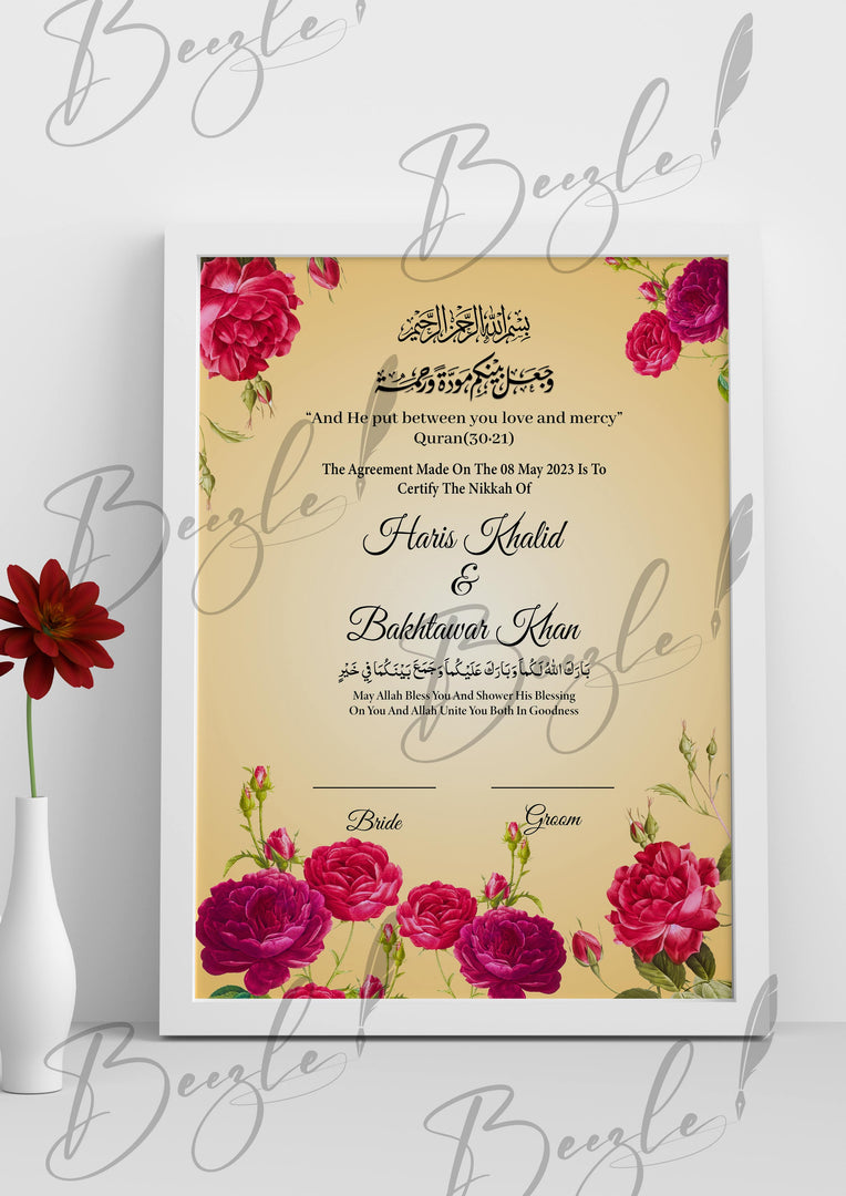 Nikah Certificate With Pink Attractive Flowers Design | NC-130