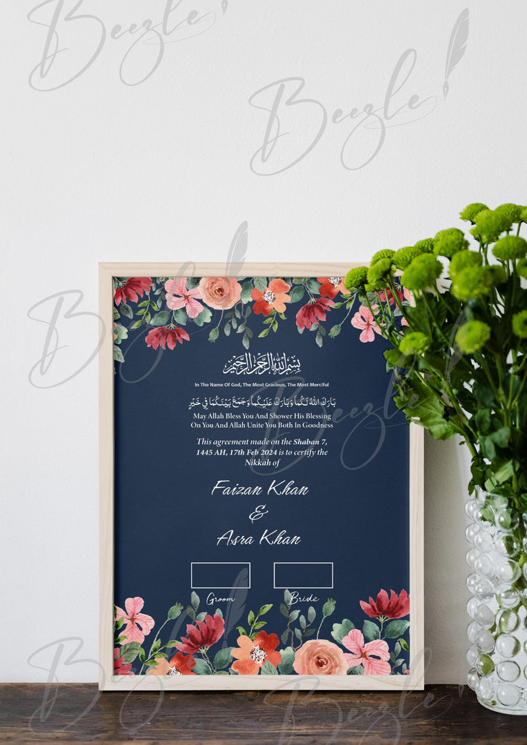 Customized Nikah Certificate With Beautiful Flowers Design | NC-121