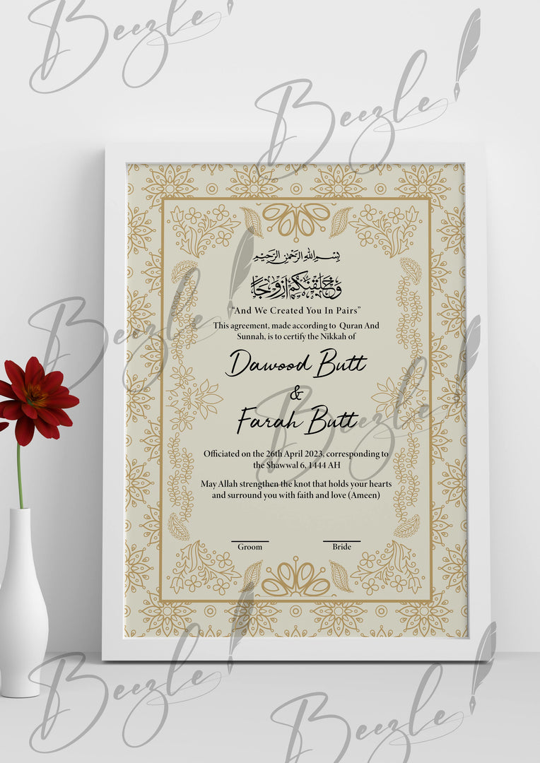 Customized Nikah Certificate With Classic Print | NC-133