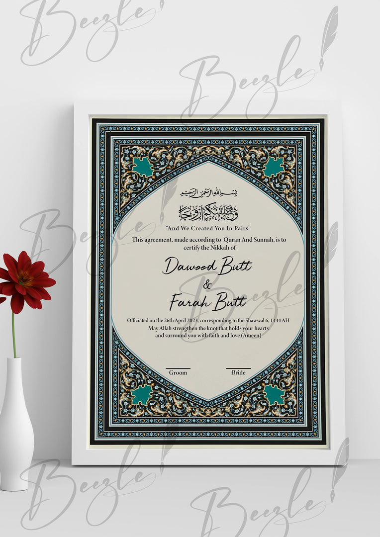 Nikkah Certificate With Classic Black and Firozi Design | NC-089