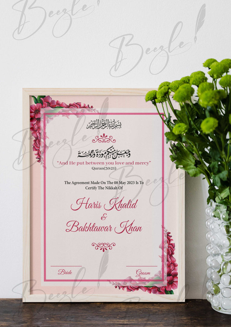 Customized Nikkah Certificate with Pink Flower Design | NC-086