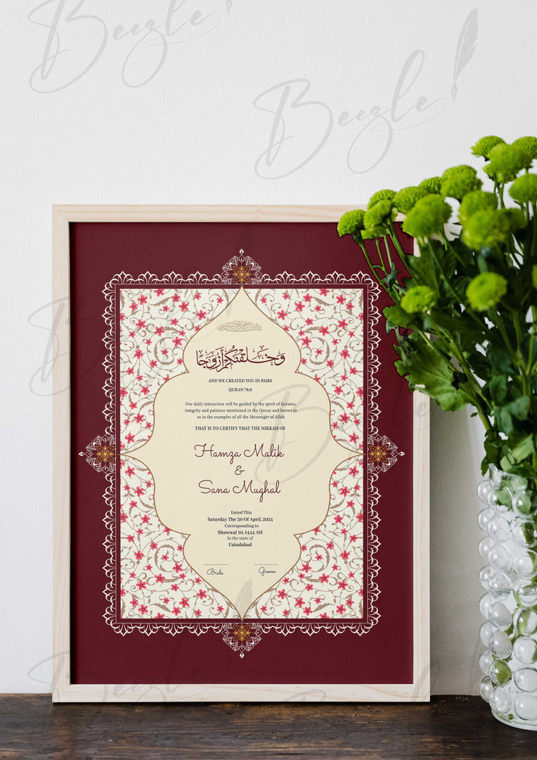 Nikah Certificate With a Combination of Maroon & Pink Design | NC-067